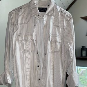 Mens white button up.  Size large. Vertical black pinstripes.